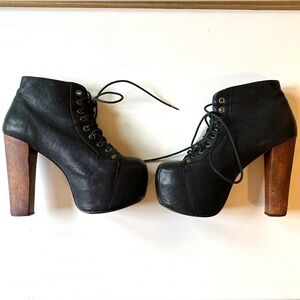 Jeffrey Campbell Black Leather Lace-Up Platform Ankle Boots with Wood Block Heel